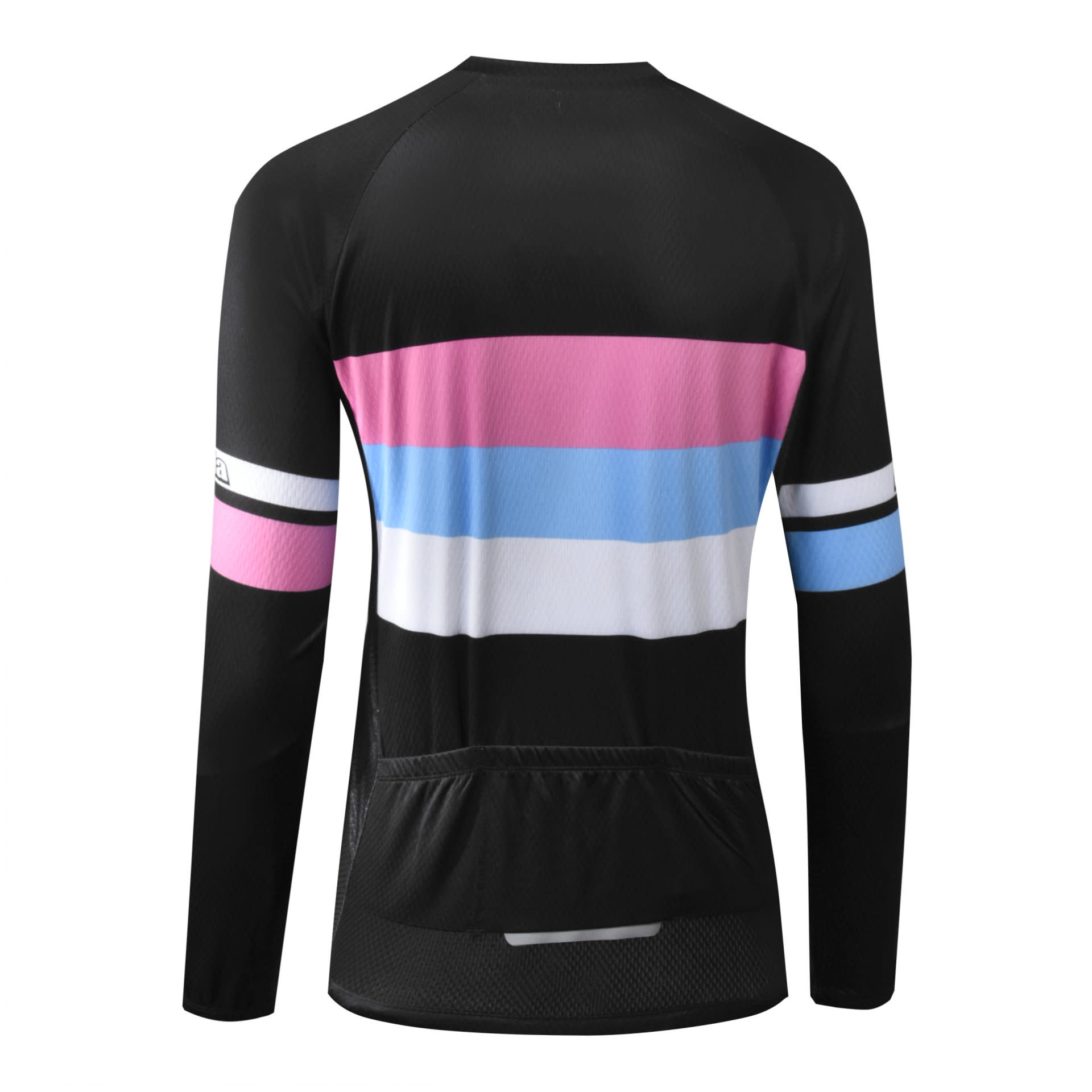 A cycling racing top featuring black, pink, blue, and white stripes, with long sleeves and a logo.