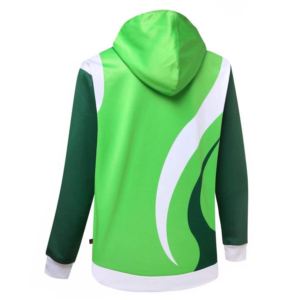 A green and white custom athletic hoodie with a distinctive swirl design and a hood. Features a logo on the front.