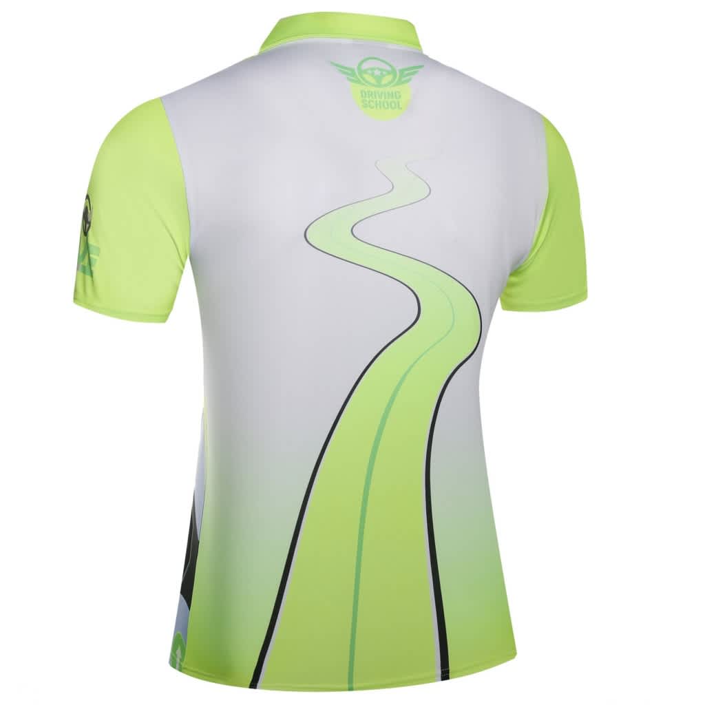 A polo shirt in green and white featuring a road design and a logo. The shirt has short sleeves and a collar.