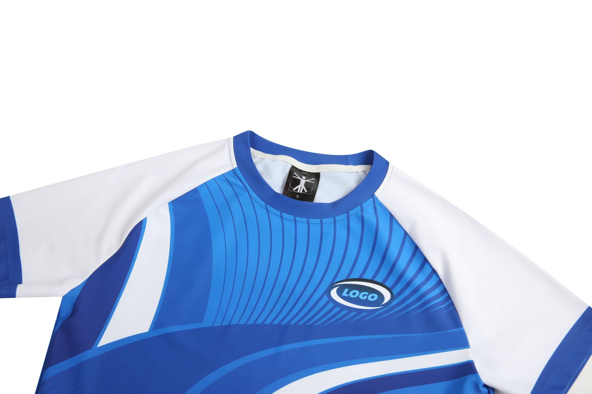 A blue and white tight-fitting t-shirt featuring a logo on the front. The design includes dynamic stripes.