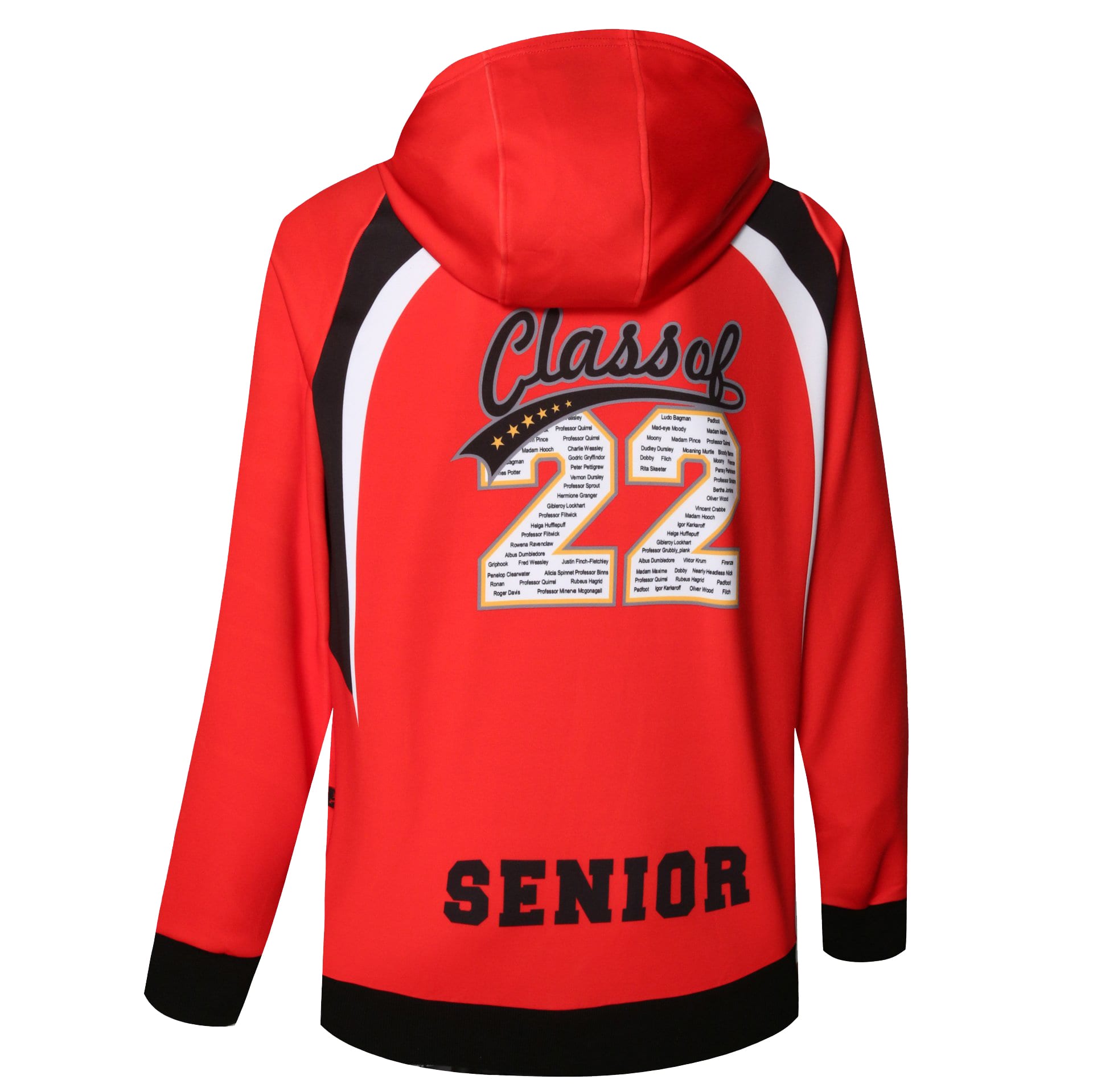 A red sports hoodie featuring a large "Class of 22" design on the back and a hood. It has contrasting black details.