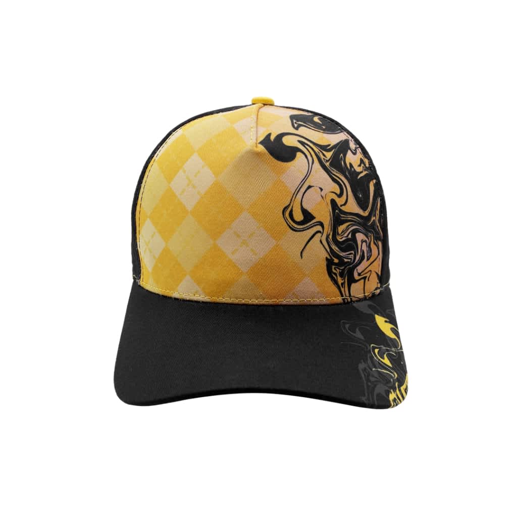 A black and yellow sublimated sport cap featuring an eye-catching design with a checkered pattern and abstract graphics.