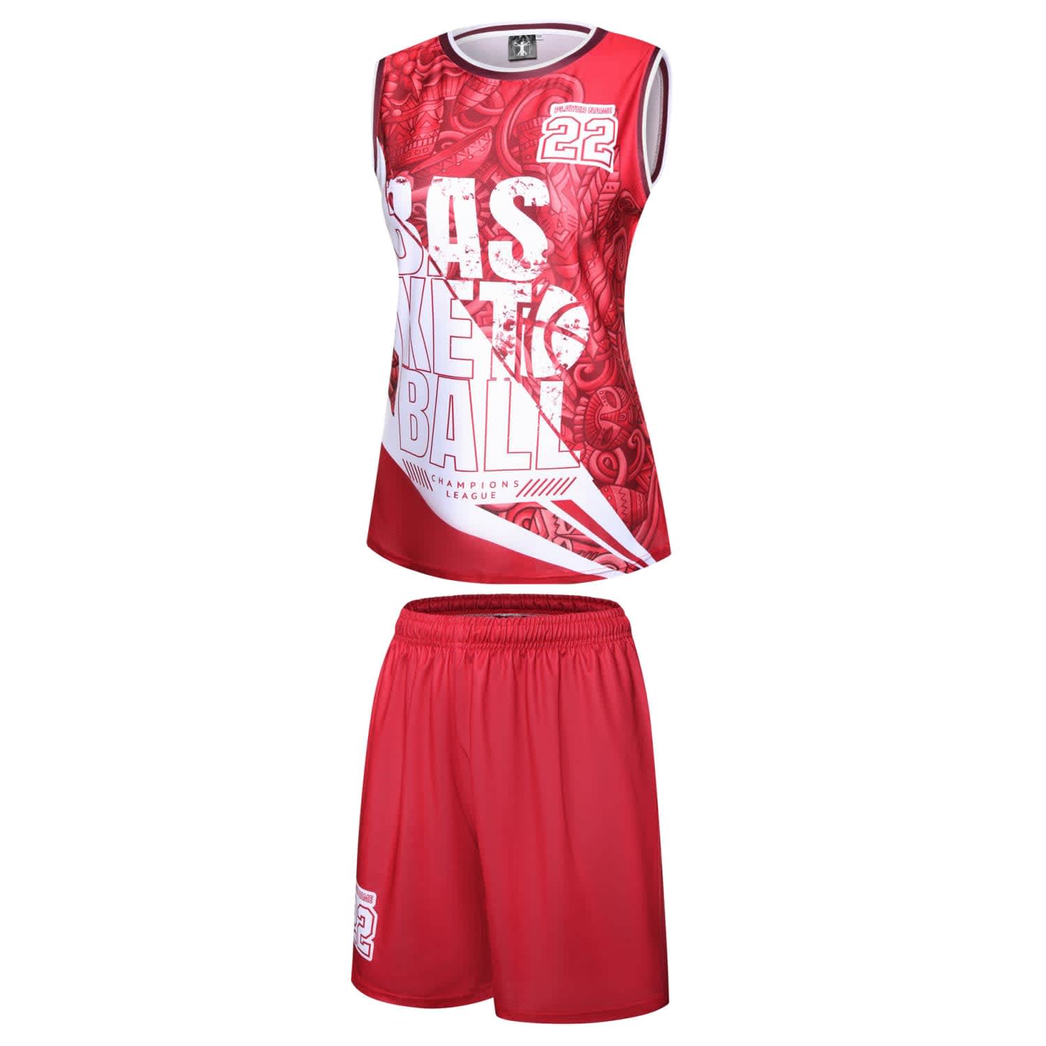A red sports uniform set featuring a sleeveless top and shorts, with a logo and graphic design.