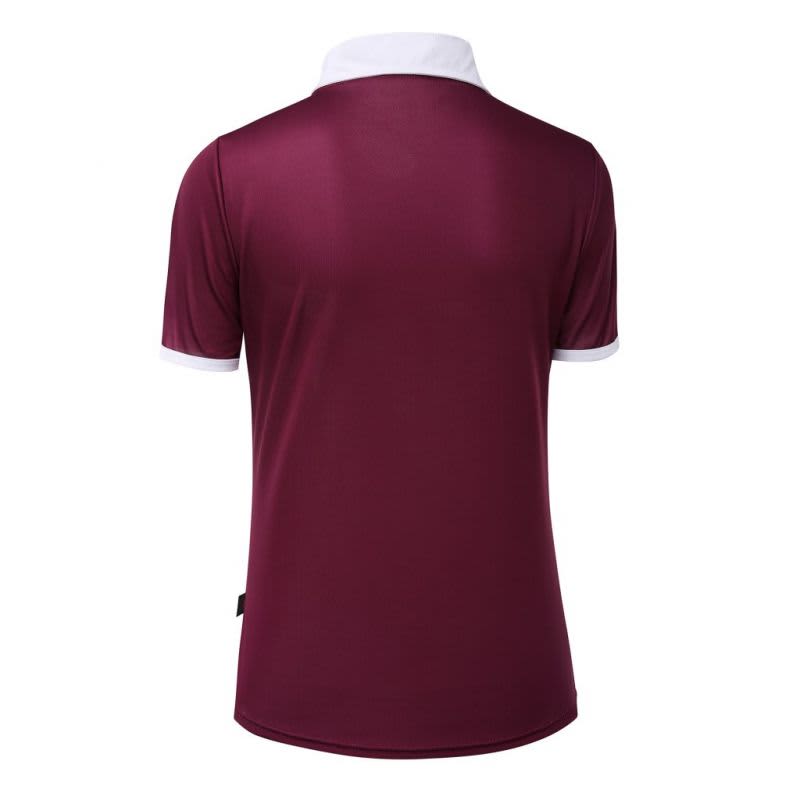 A maroon women's polo shirt featuring a white collar and short sleeves. The shirt has a logo on the back.