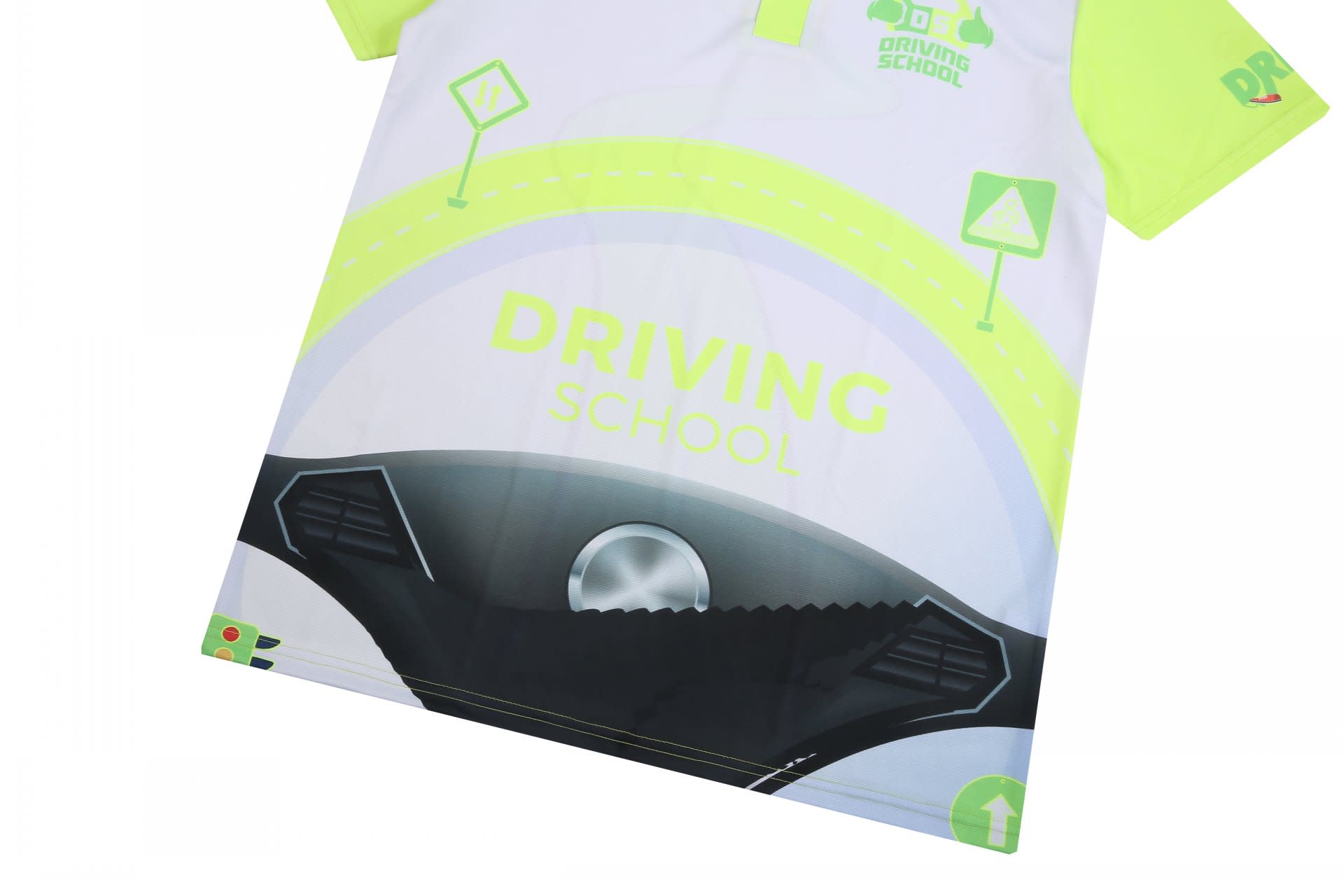 A short-sleeved driving school polo shirt in bright yellow and white with a logo and road graphic design.