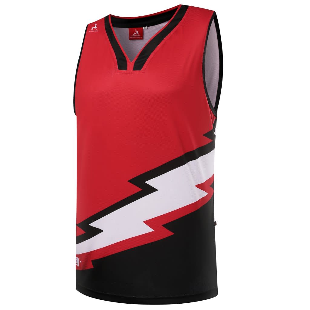 A red and black sleeveless sports singlet featuring a lightning bolt design and a logo.