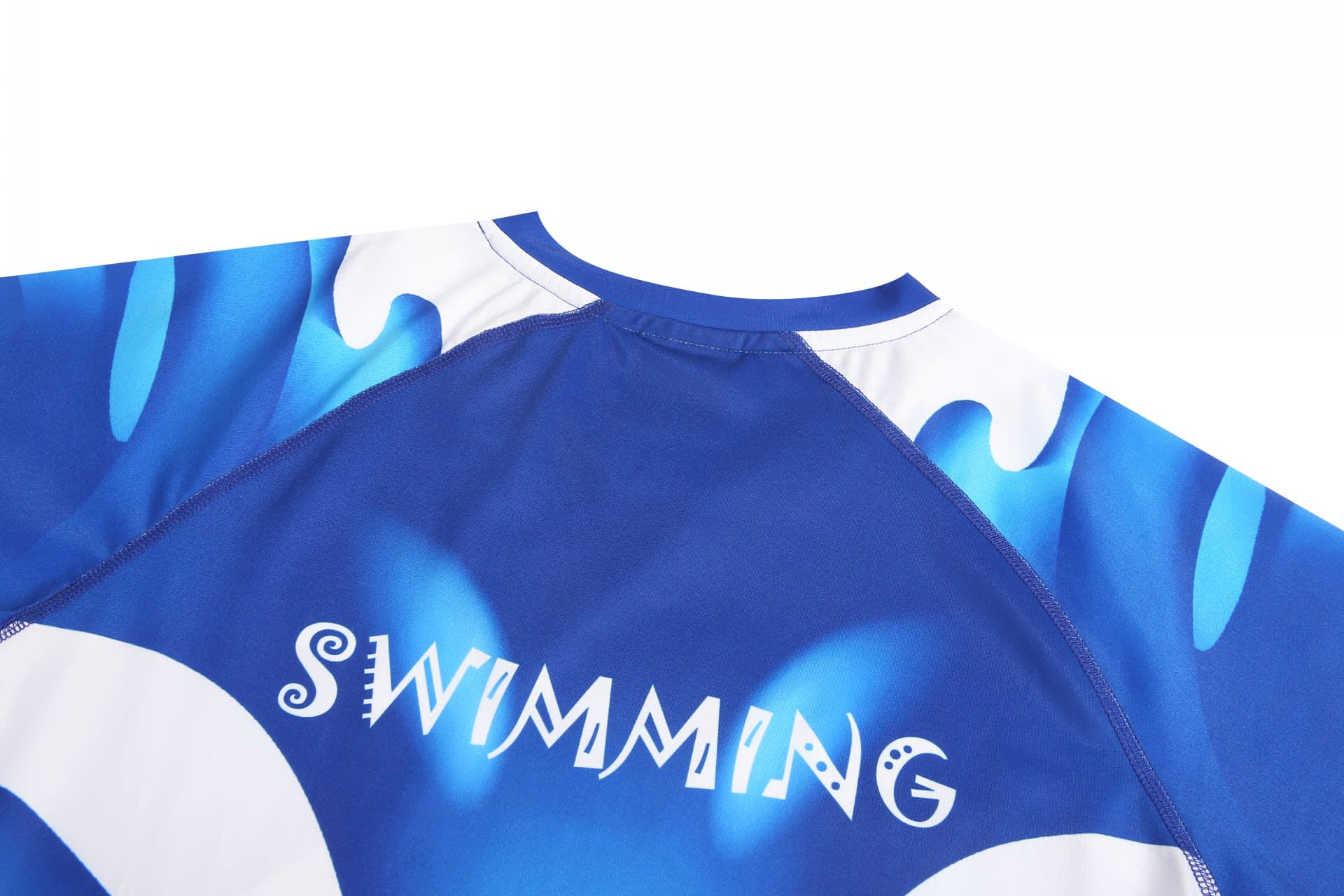 A blue swimwear top featuring a wave design and a branding logo on the back, with the word "SWIMMING".
