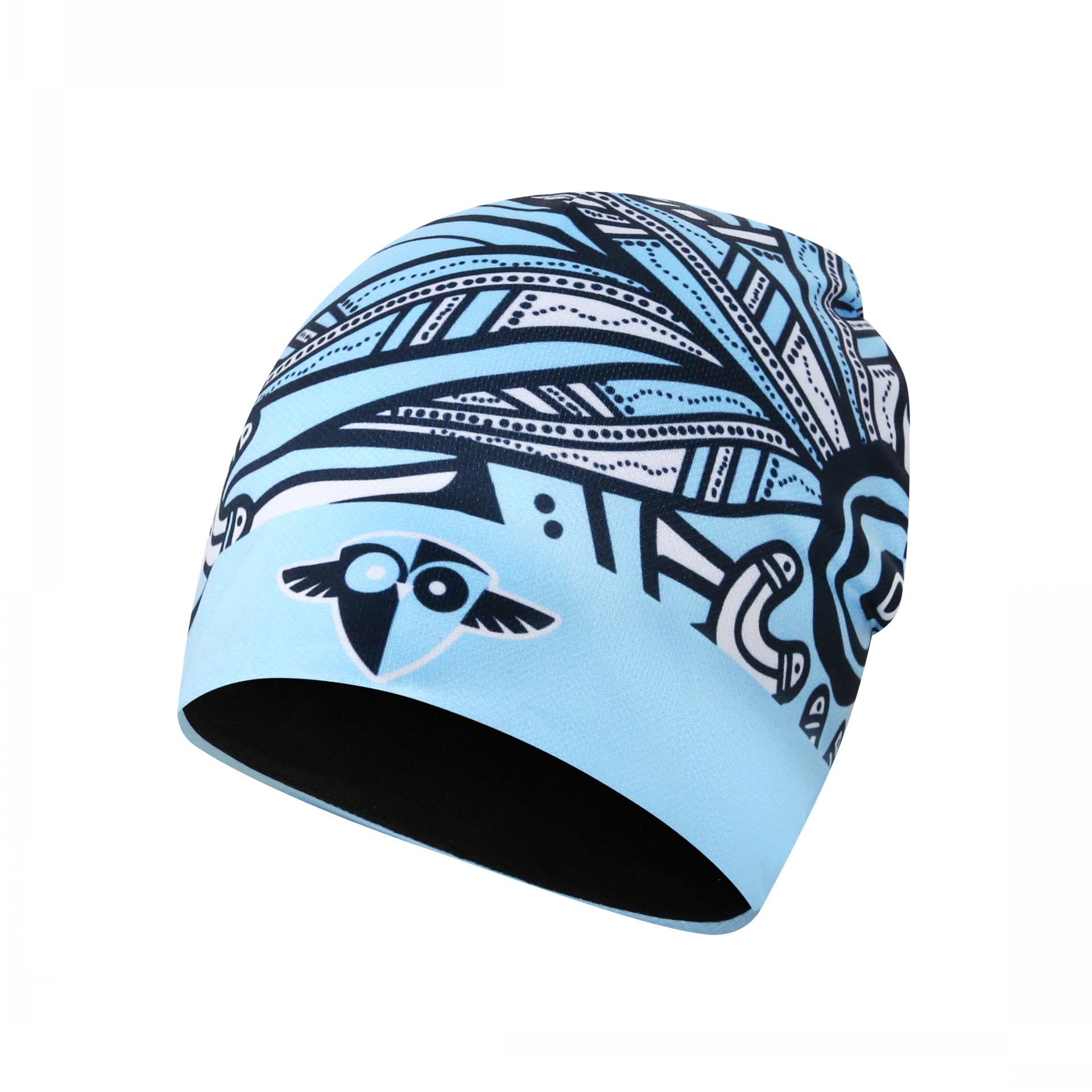 A blue beanie with intricate black tribal patterns and a logo on the side.