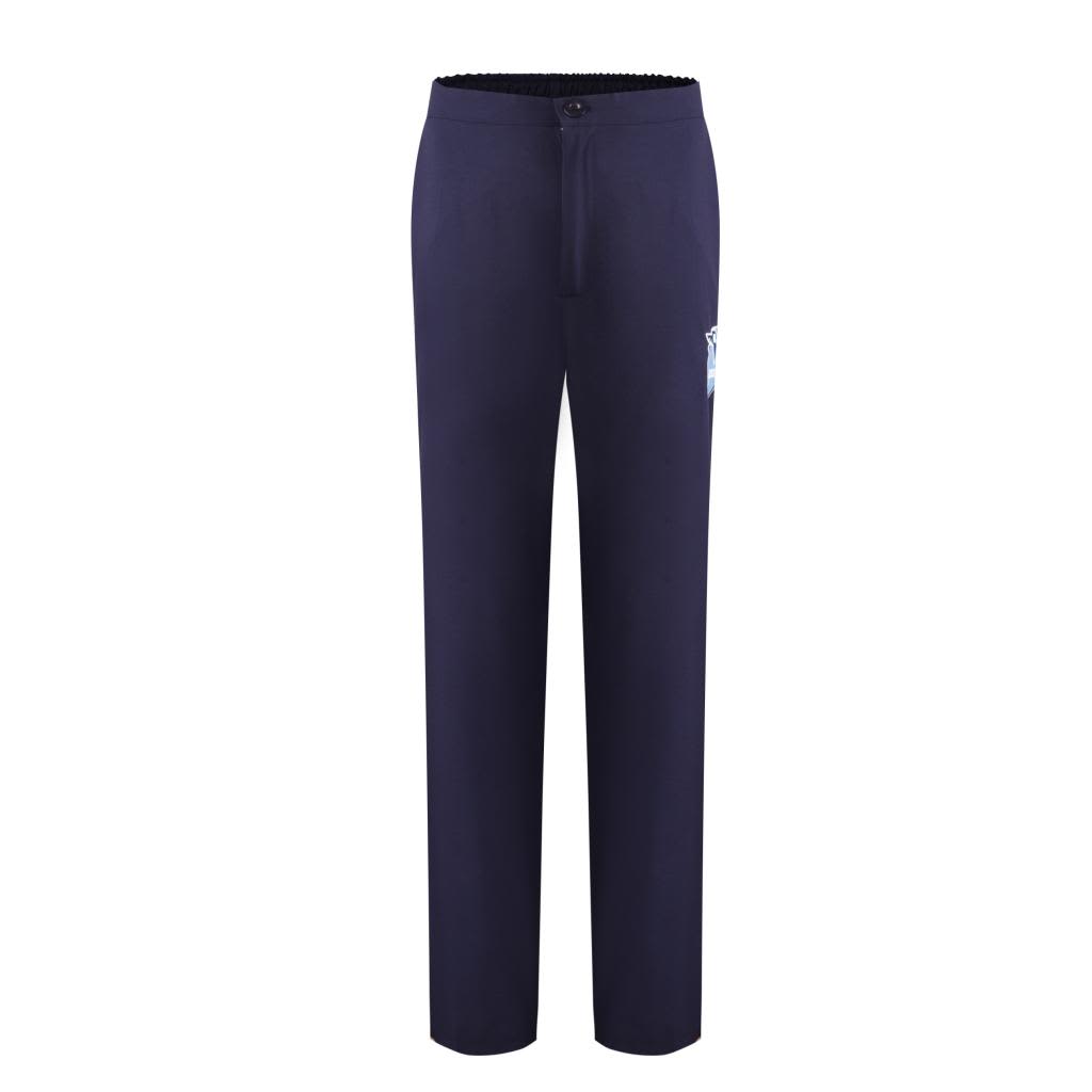 Navy warm-up pants with a side zip and an embroidered logo on one leg. Features a button and elastic waist.