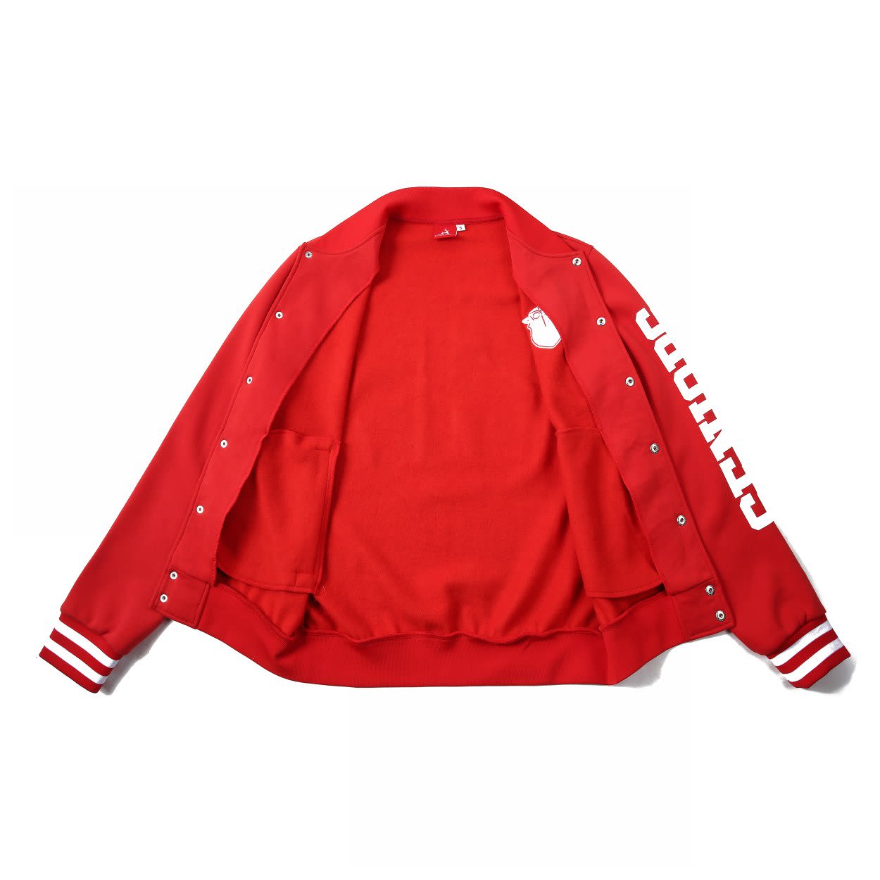 A red varsity jacket featuring white stripes on the sleeves and a logo on the left side.