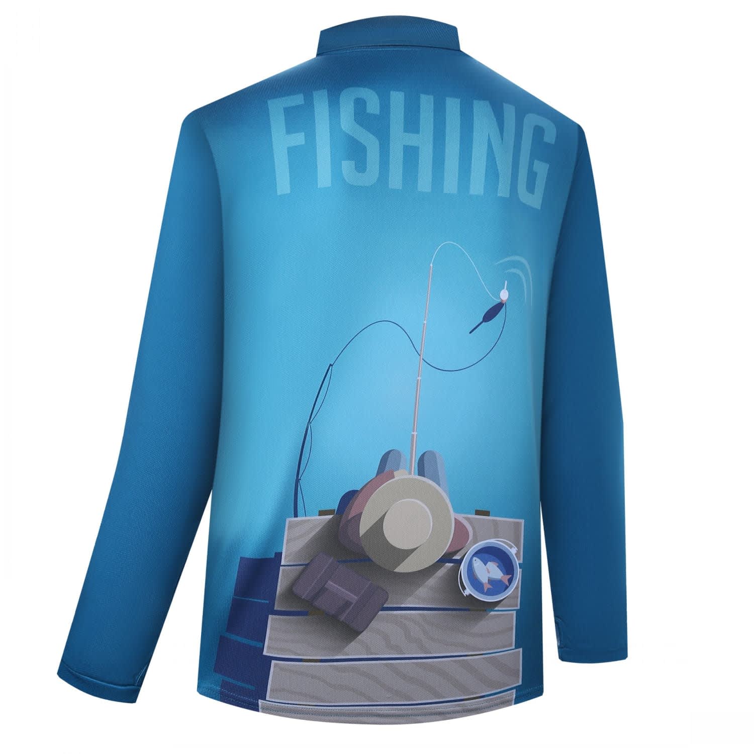 A blue long-sleeve fishing jersey featuring fishing gear graphics and a logo at the back.