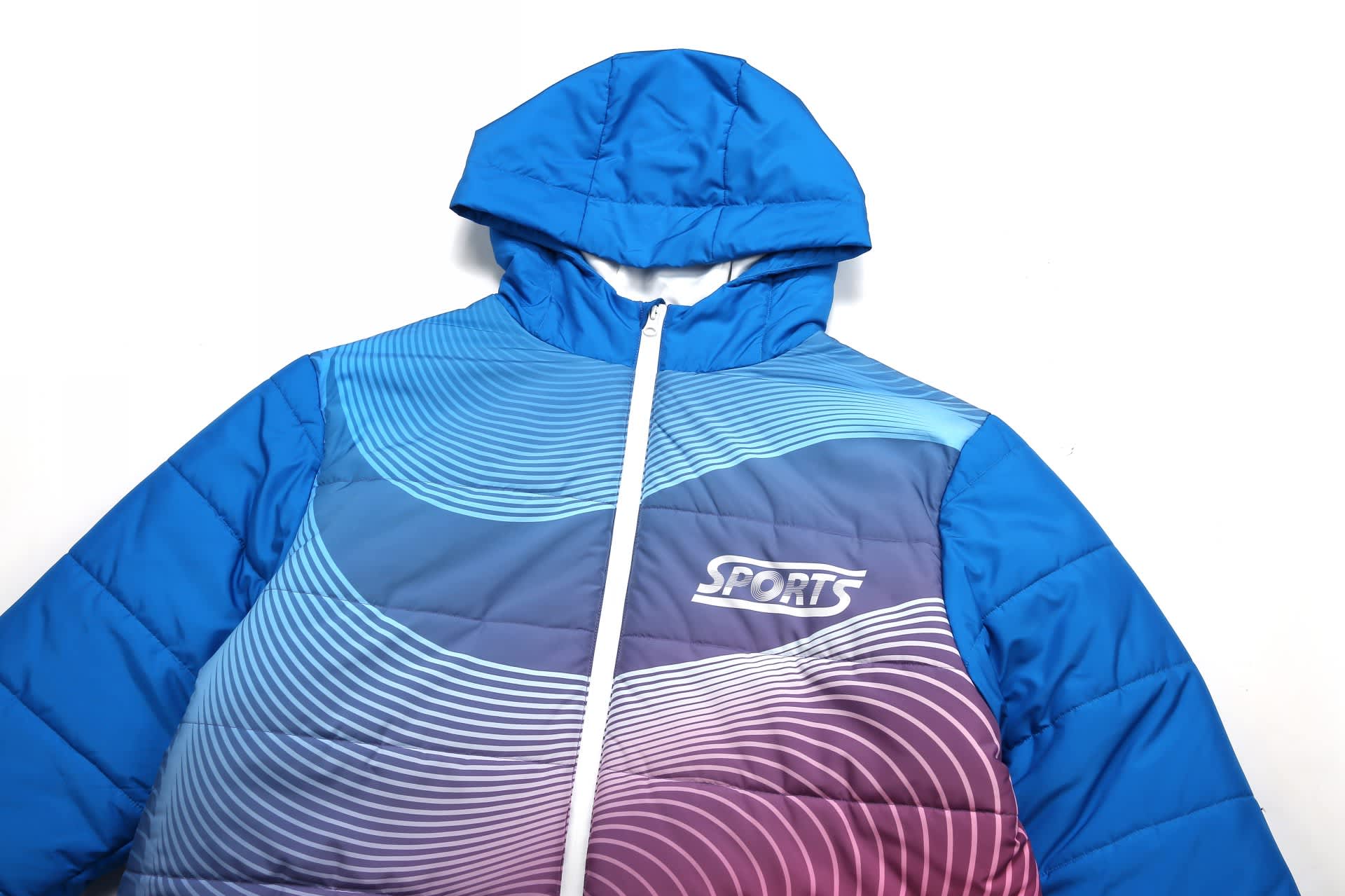 A blue winter coat with a hood, featuring a wave design in purple and pink and a logo on the front.