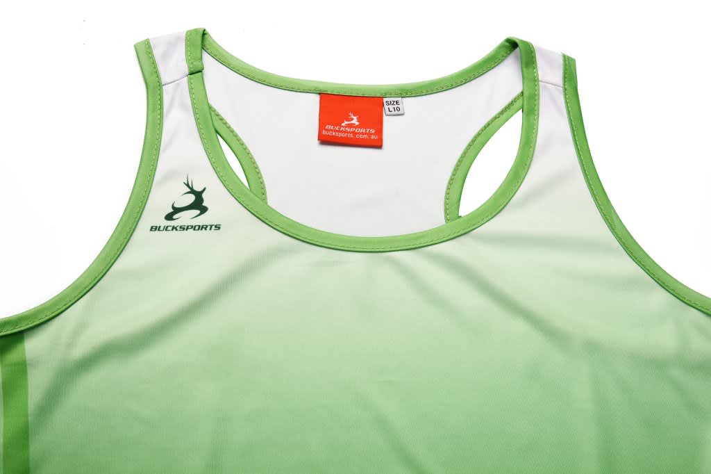 A green racer back singlet featuring a logo and a size tag, designed for running.