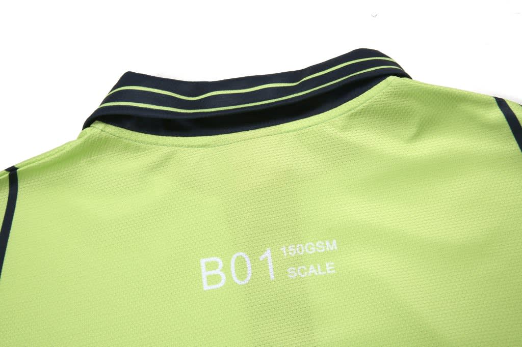 A bright lime green polo shirt with a contrasting dark collar and a logo on the back.