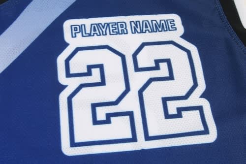 A blue sports jersey featuring the number 22 and a badge for player name, with a contrasting design element.