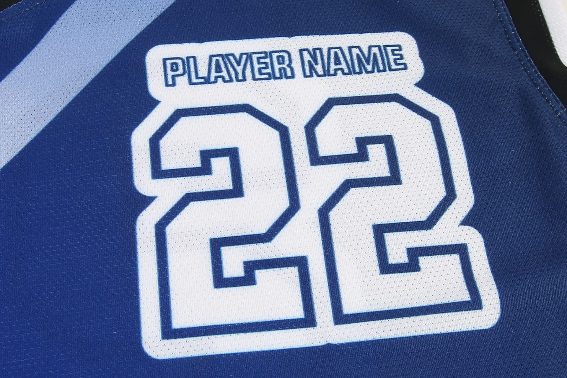 A blue basketball singlet featuring a large white number "22" and a placeholder for a player name, with a logo.