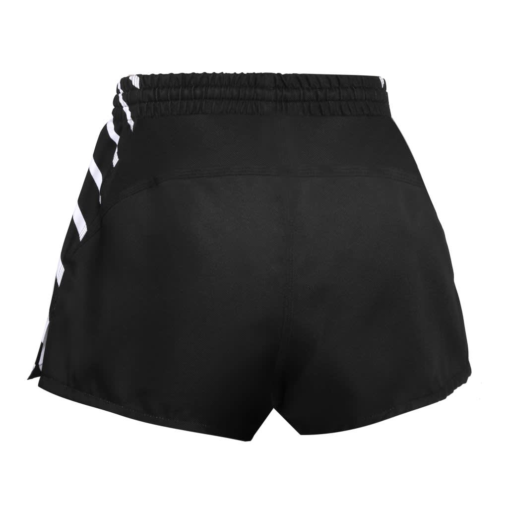 Black football shorts with a contrasting striped design on the sides and an elastic waistband. Features a logo.