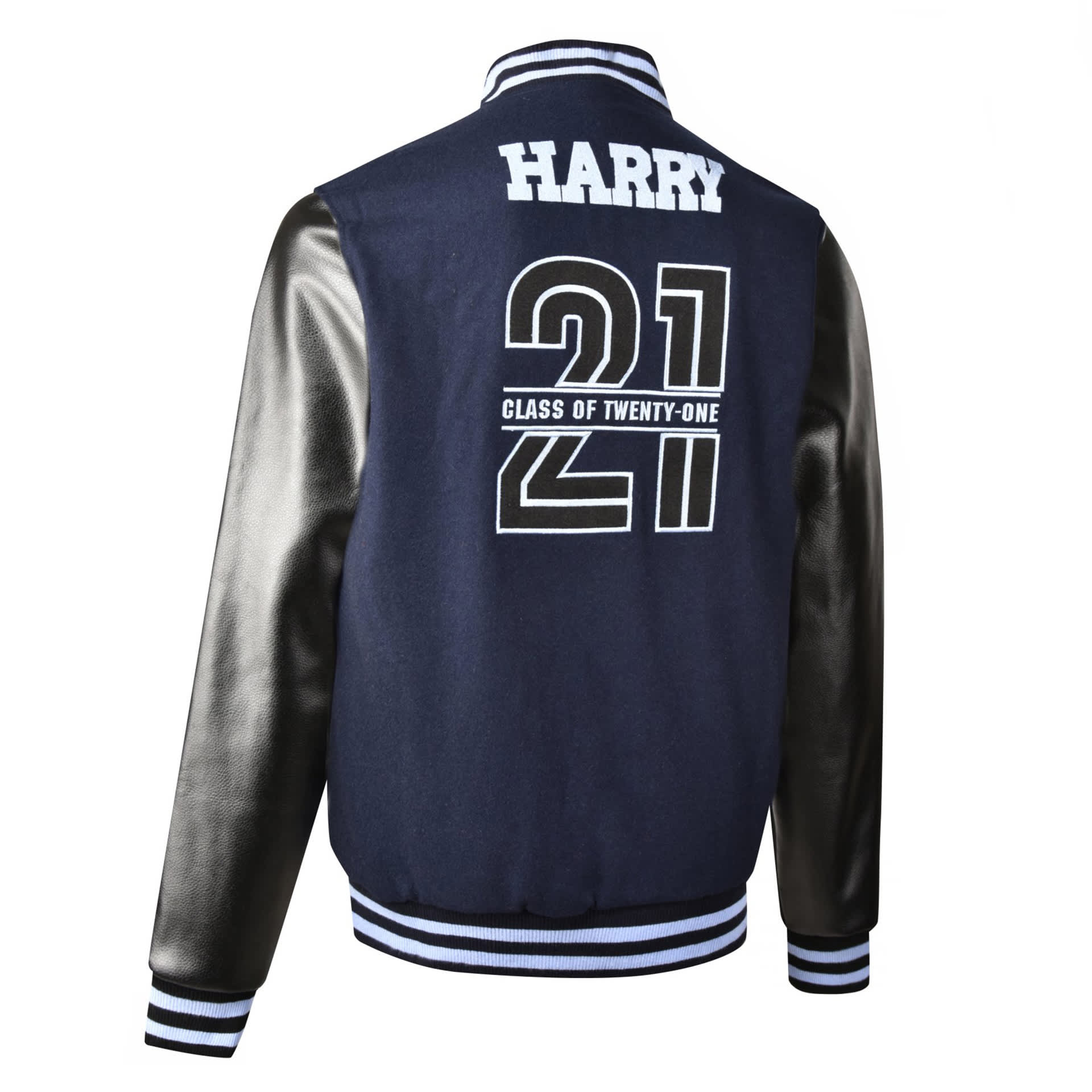 A navy blue letterman jacket featuring black sleeves, a personalised name, and "Class of Twenty-One" on the back.