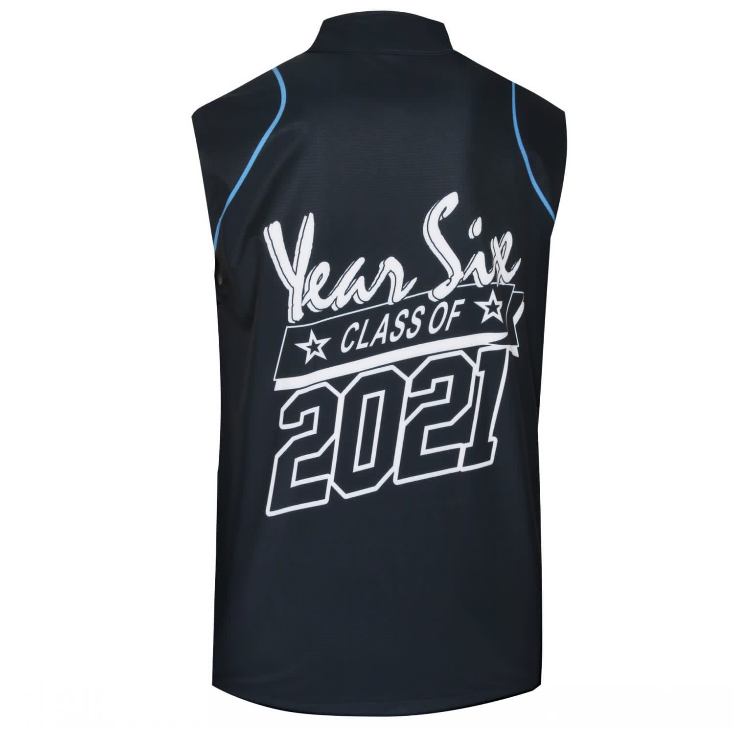A black sleeveless waistcoat featuring white text and a logo on the back.