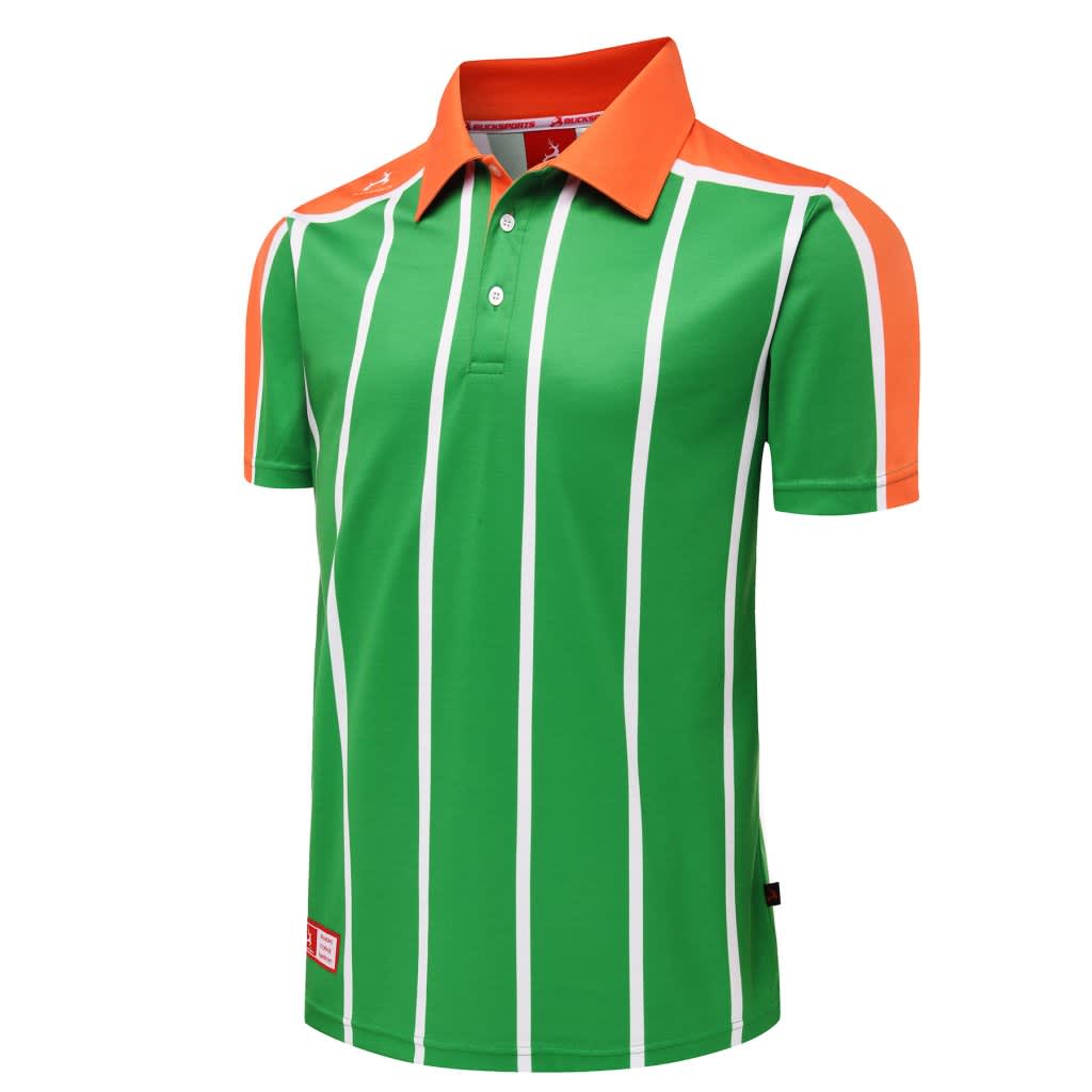 A green and orange badminton club uniform featuring vertical stripes and a collar, with a logo on the side.