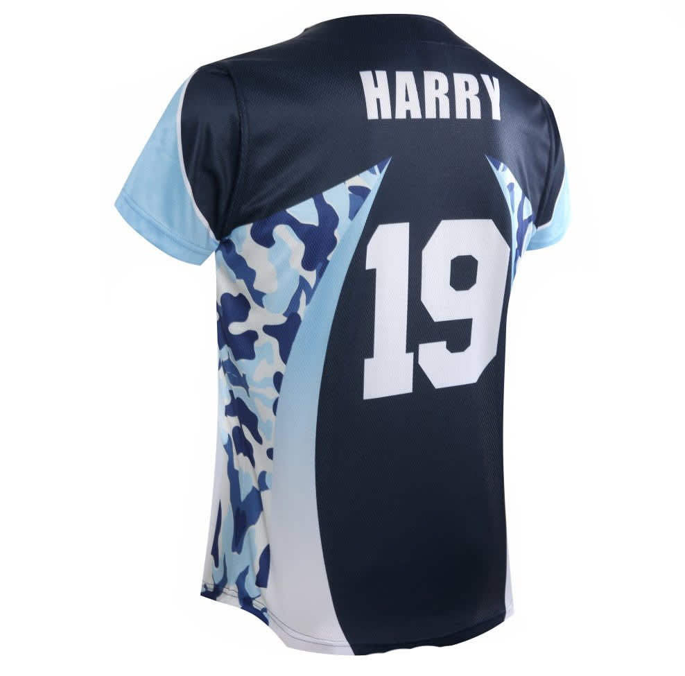 A navy and light blue sports vest featuring a camouflage pattern, with a name and number on the back.