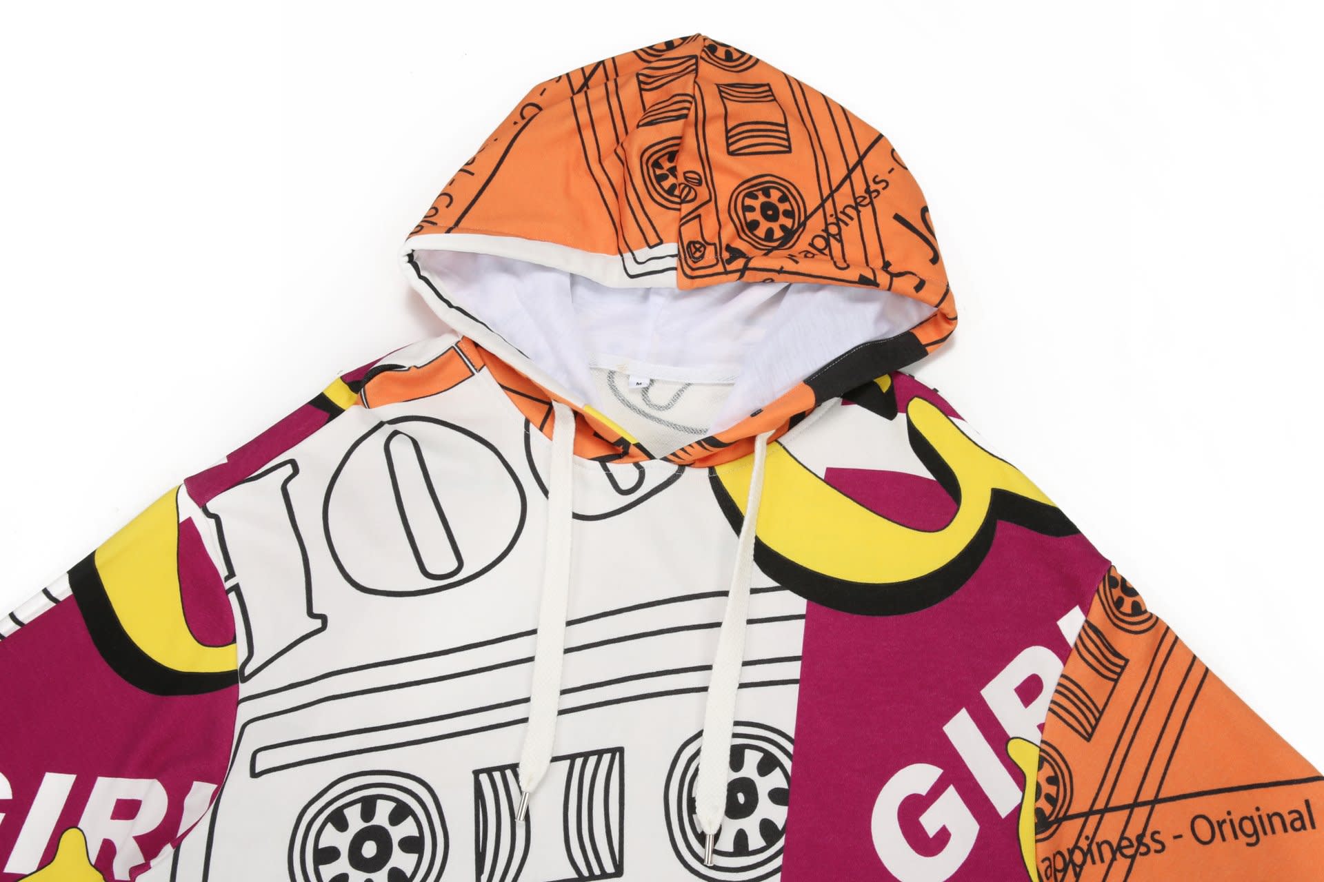 A multicoloured cotton hoodie featuring vibrant patterns and a hood. It includes a logo.