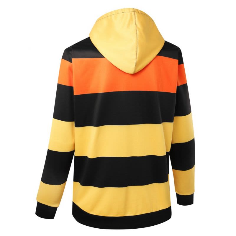 A kangaroo hoodie featuring bold horizontal stripes in orange, yellow, and black, with a hood and long sleeves.