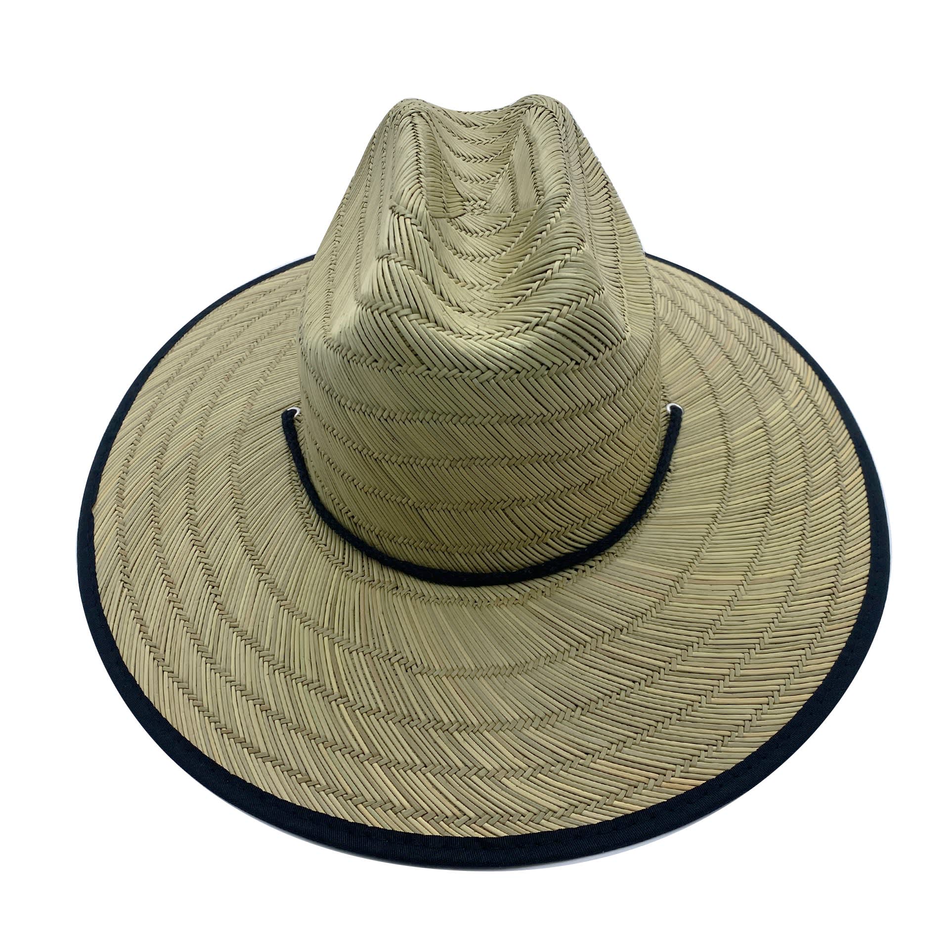 A light tan bucket hat with a wide brim and a navy trim, featuring a branding logo.
