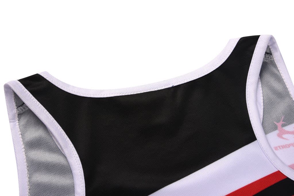 A black and white athletic singlet featuring red stripes, with a logo on the design.