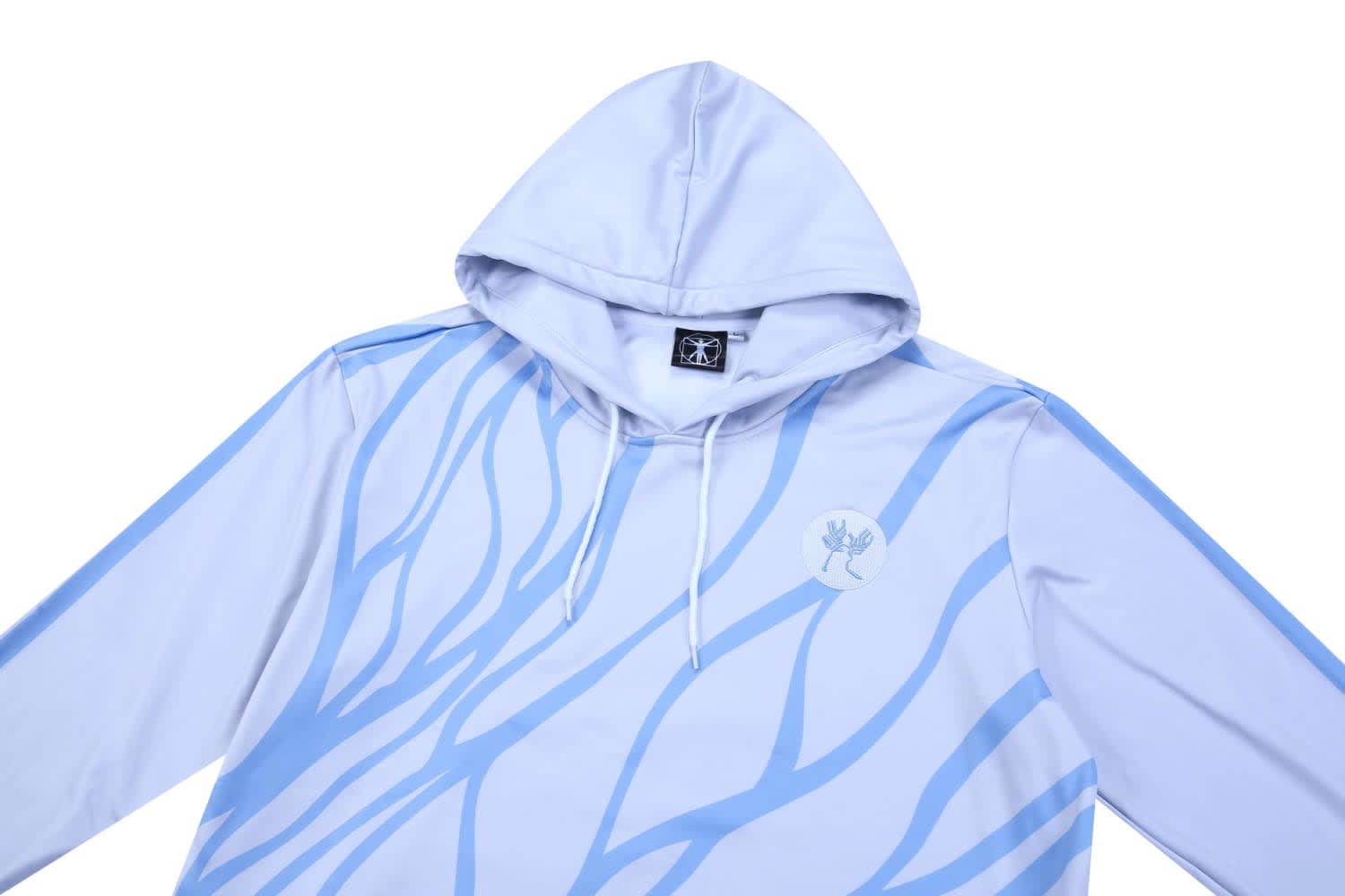 A light blue hoodie featuring a design in darker blue. It has a hood and a logo.