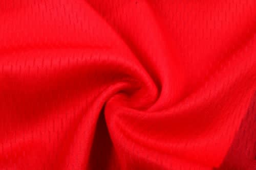 A vibrant red fabric with a textured pattern, suitable for sports uniforms, featuring a logo.