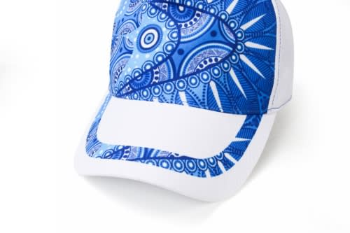 A blue and white cap featuring a vibrant abstract pattern and a logo on the front.