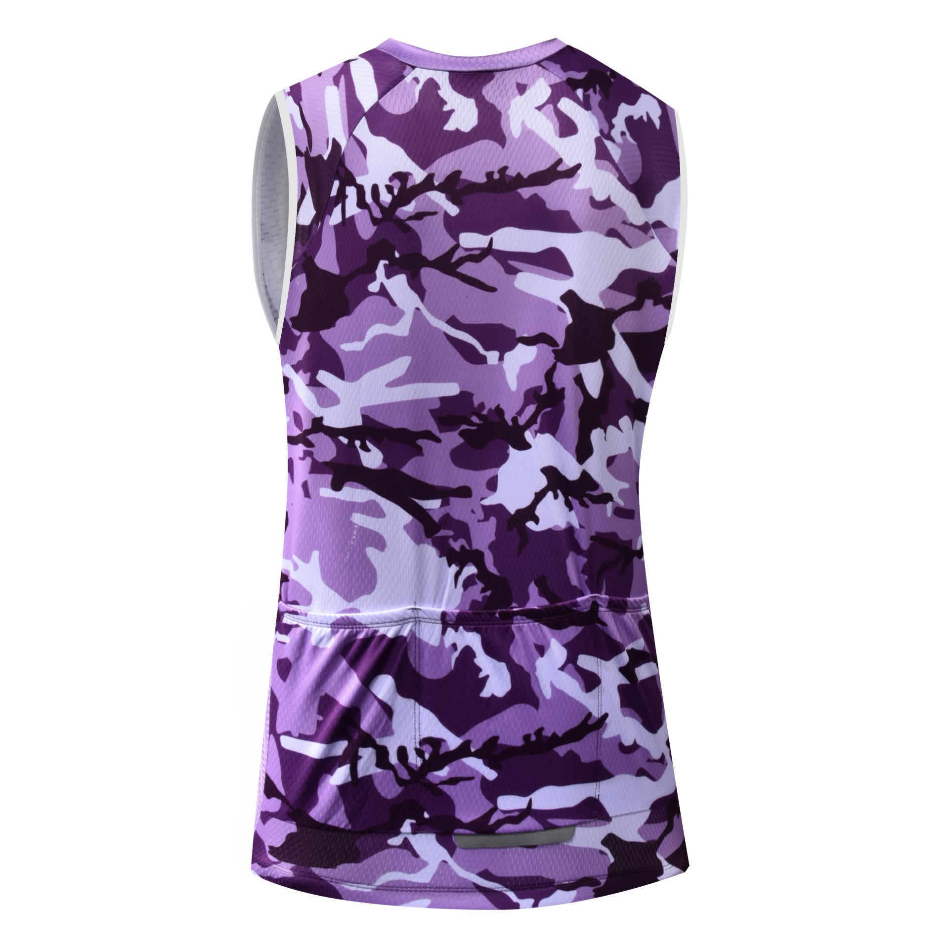 A cycling racing vest in a purple camo pattern, featuring a branding logo and a sporty design.