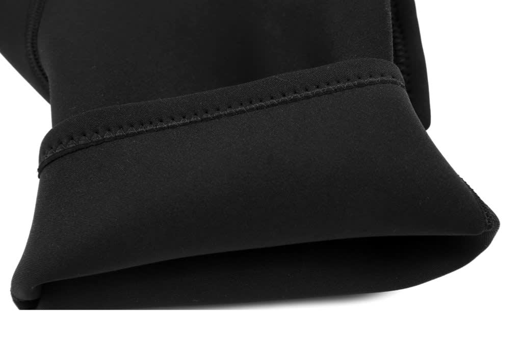 A close-up of a black swimming suit sleeve with a smooth finish and stitched edges. The material appears stretchy and durable.