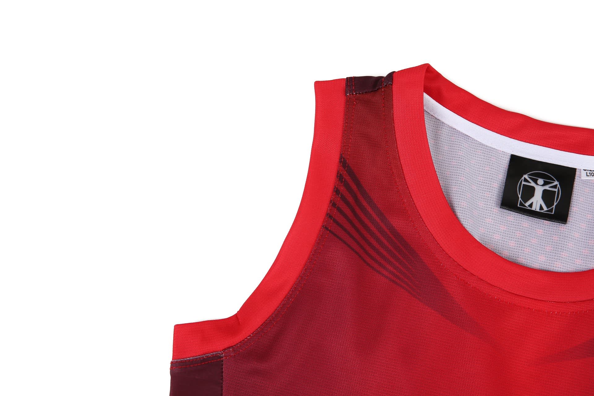 A red sports dress featuring a sleeveless design with a logo on the neckline.