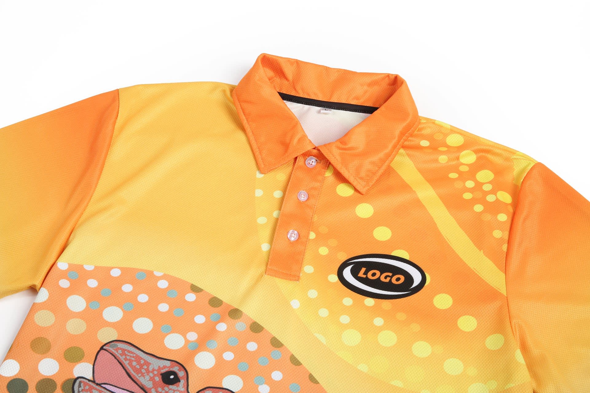 A vibrant orange Aboriginal polo shirt featuring a colourful design and a logo on the front.