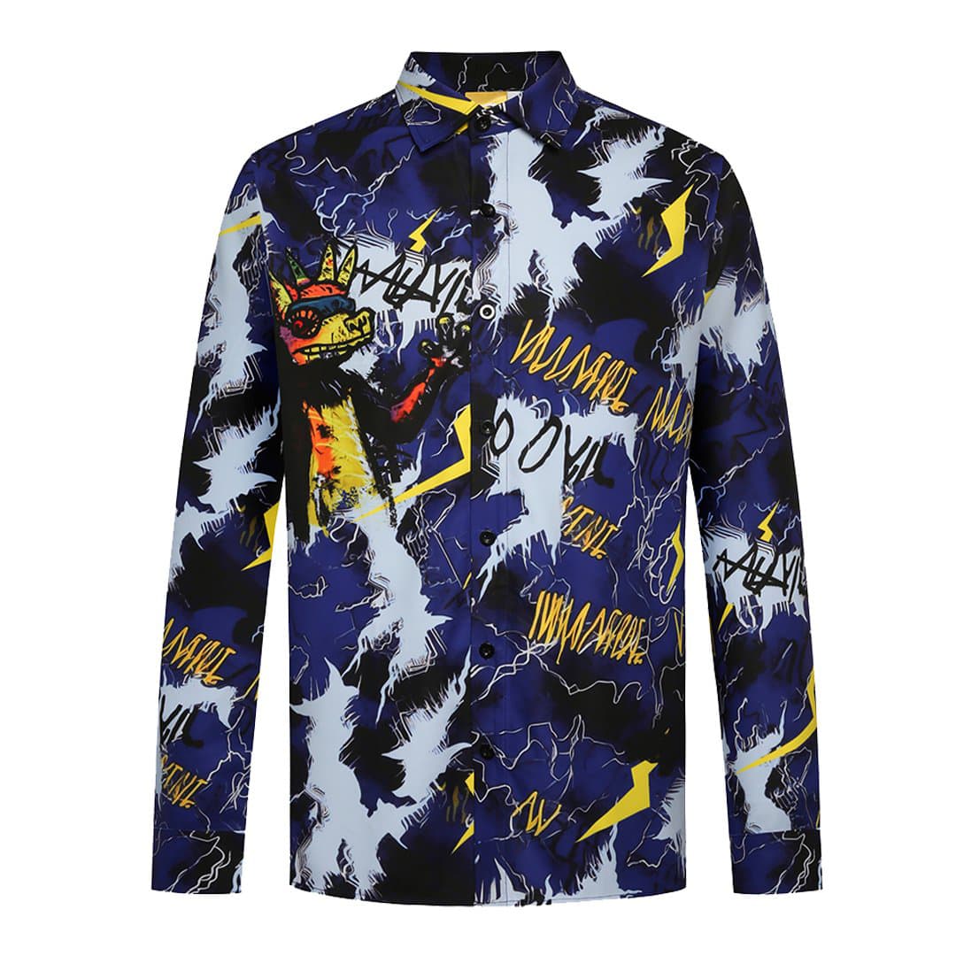 A colourful long-sleeve shirt featuring a bold graphic design with lightning and a character, primarily in blue and yellow.
