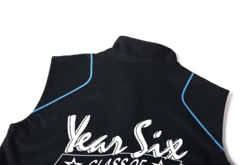 A soft shell waistcoat in black with blue accents and a logo on the back.