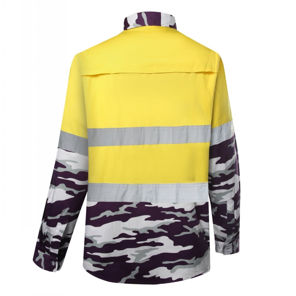 A hi-vis reflective workwear shirt in yellow and camo pattern, featuring reflective stripes and a collar.