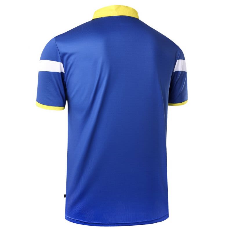 A blue cricket polo shirt featuring white and yellow accents, with a classic collar and no visible branding.