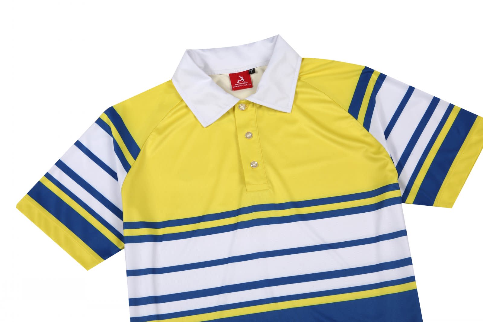 A polo shirt in yellow and white with blue stripes, featuring a collar and a logo tag.