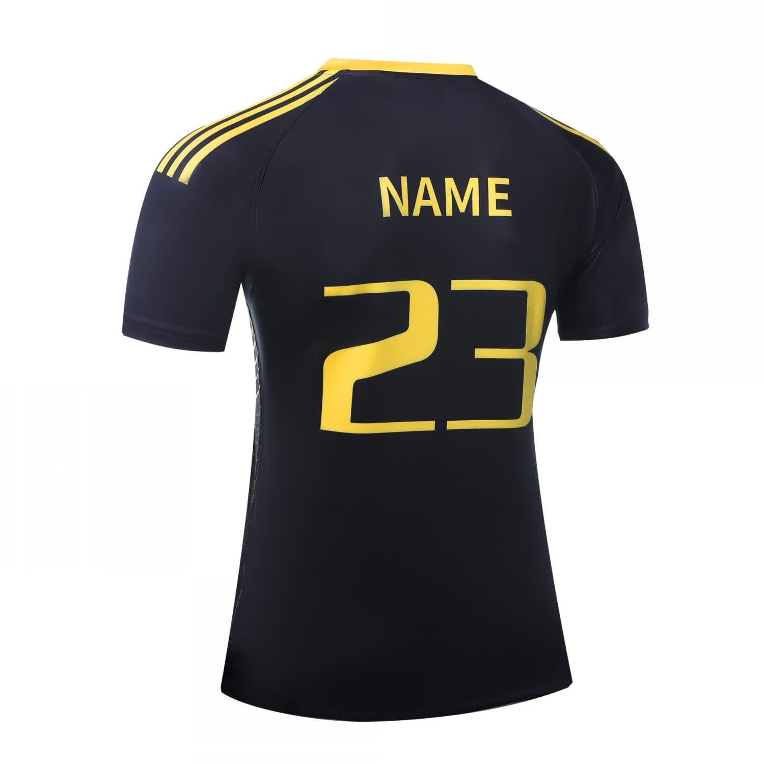A black hoodie with yellow detailing and a logo, featuring the number 23 on the back.