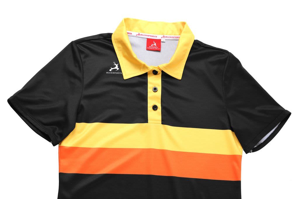 A women's polo shirt featuring black, yellow, and orange horizontal stripes, with a logo on the front.