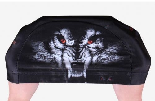 A black swimming cap featuring a wolf design with red eyes and intricate detailing. It also has a logo.