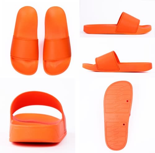 Bright orange slippers featuring a single strap design, shown from various angles, including the sole and back view.