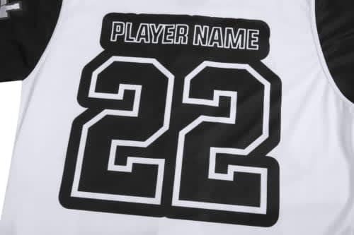 A white sports uniform featuring black detailing, with a large number "22" and a placeholder for "PLAYER NAME."