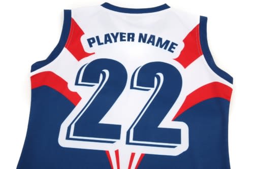 A sports jersey in blue, white, and red featuring a large number 22 and a logo.