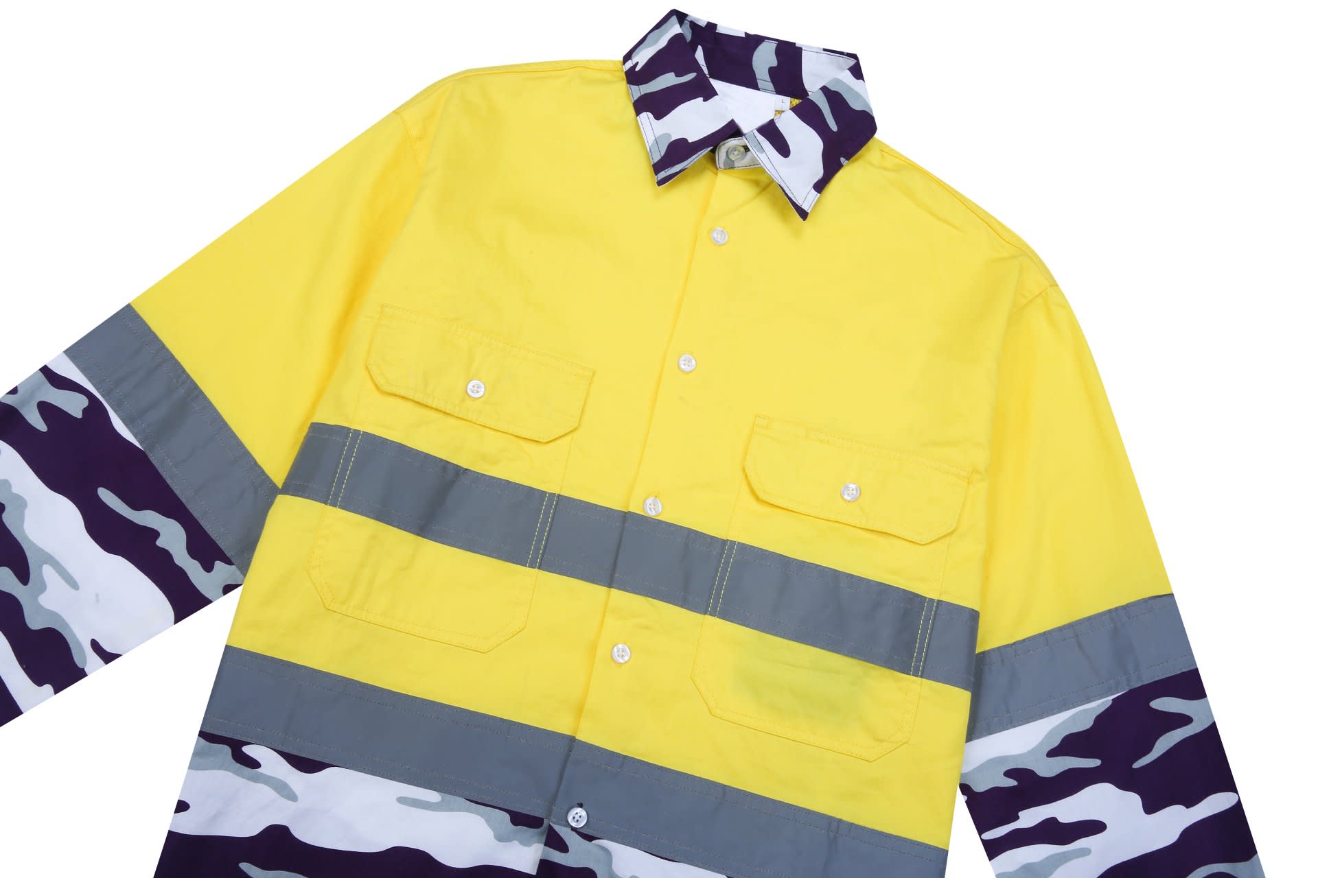 A yellow Hi Vis reflective workwear shirt with camouflage-patterned sleeves and two front pockets.