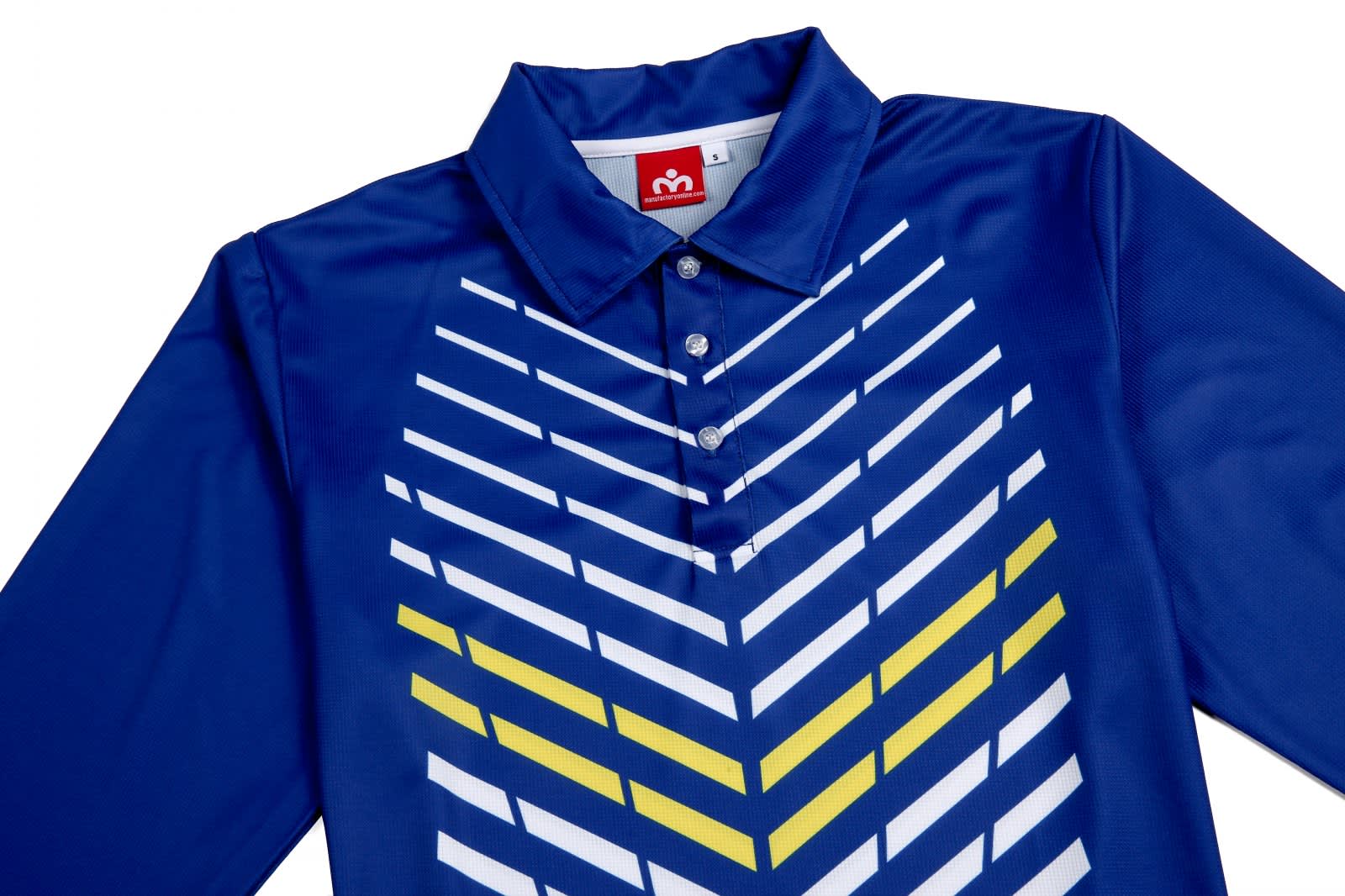 A blue sublimation polo with a yellow and white geometric pattern, featuring a collar and buttons. It has a logo.