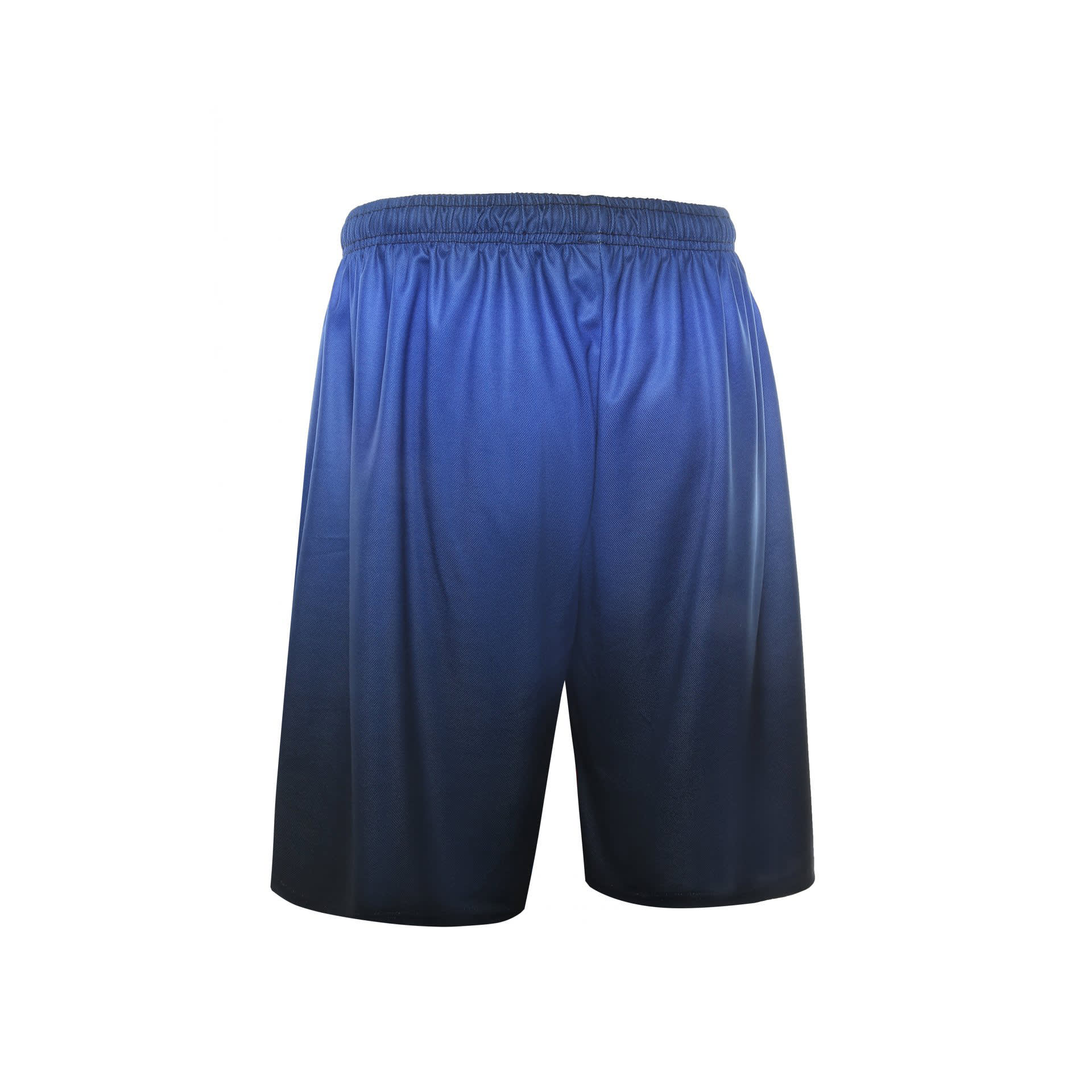 A pair of blue gradient soccer shorts with an elastic waistband and no visible branding.